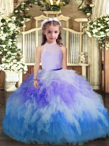 Modern Multi-color Tulle Backless Pageant Gowns For Girls Sleeveless Floor Length Ruffles