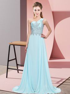 Suitable Chiffon One Shoulder Sleeveless Side Zipper Beading Prom Dresses in Light Blue