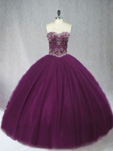 Noble Dark Purple Ball Gowns Tulle Sweetheart Sleeveless Beading Floor Length Lace Up 15 Quinceanera Dress