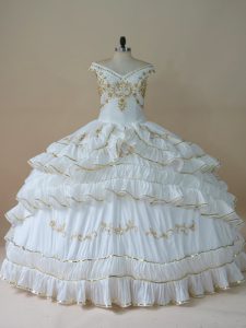Dramatic Sleeveless Taffeta Floor Length Lace Up Sweet 16 Dress in White with Beading and Embroidery