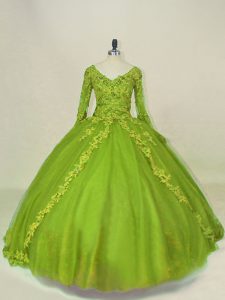  Olive Green Long Sleeves Lace and Appliques Ball Gown Prom Dress