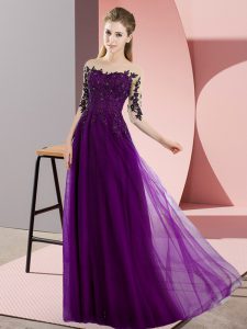 Custom Fit Dark Purple Half Sleeves Beading and Lace Floor Length Damas Dress