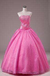  Rose Pink Ball Gowns Embroidery Quinceanera Gown Lace Up Organza Sleeveless Floor Length
