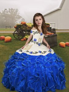High End Royal Blue Straps Lace Up Embroidery and Ruffles Little Girls Pageant Dress Sleeveless