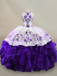 White And Purple Organza Lace Up Halter Top Long Sleeves Floor Length Sweet 16 Quinceanera Dress Embroidery and Ruffles