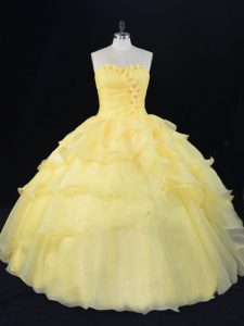 Artistic Yellow Lace Up Sweetheart Hand Made Flower Quince Ball Gowns Organza Sleeveless
