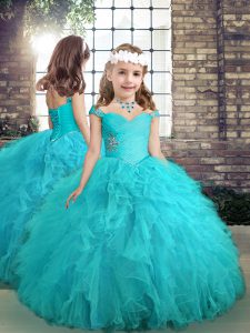  Aqua Blue Straps Lace Up Beading and Ruffles Kids Pageant Dress Sleeveless