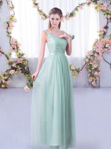  Sleeveless Tulle Floor Length Side Zipper Dama Dress for Quinceanera in Light Blue with Lace and Belt