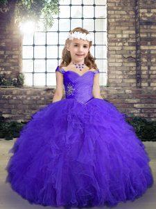 Graceful Sleeveless Floor Length Beading and Ruffles Lace Up Little Girl Pageant Gowns with Purple