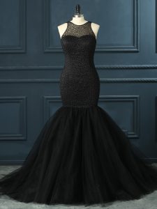  Black Prom Gown Prom and Party and Military Ball with Beading Scoop Sleeveless Zipper