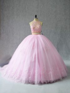  Baby Pink Tulle Zipper Quince Ball Gowns Sleeveless Court Train Beading and Appliques