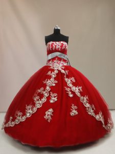 Inexpensive Red Tulle Lace Up Strapless Sleeveless Floor Length Quinceanera Dresses Appliques