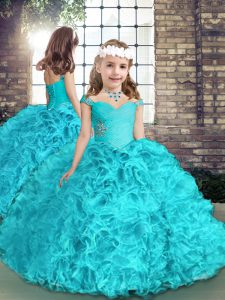 New Style Ball Gowns Girls Pageant Dresses Aqua Blue Straps Organza Sleeveless Floor Length Lace Up