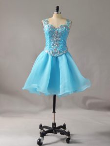 Suitable Mini Length Zipper Evening Dress Aqua Blue for Prom and Party with Beading