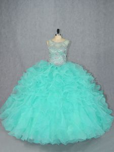  Aqua Blue Ball Gowns Organza Scoop Sleeveless Beading Floor Length Lace Up Quinceanera Gown