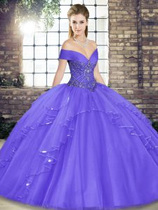 Decent Off The Shoulder Sleeveless Tulle 15 Quinceanera Dress Beading and Ruffles Lace Up