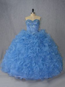  Blue Organza Lace Up Sweetheart Sleeveless Quinceanera Gown Brush Train Beading and Ruffles