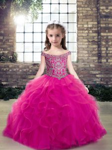  Fuchsia Tulle Lace Up Girls Pageant Dresses Sleeveless Floor Length Beading and Ruffles