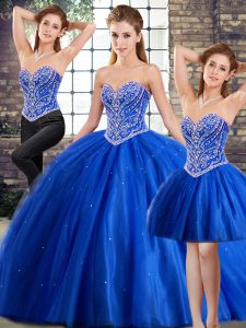  Blue Tulle Lace Up 15 Quinceanera Dress Sleeveless Brush Train Beading