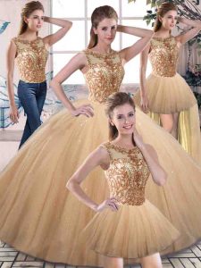 Best Selling Floor Length Gold 15 Quinceanera Dress Tulle Sleeveless Beading