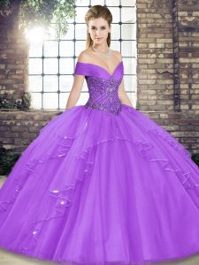  Lavender Ball Gowns Off The Shoulder Sleeveless Tulle Floor Length Lace Up Beading and Ruffles 15th Birthday Dress