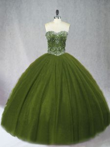 Perfect Sleeveless Tulle Floor Length Lace Up Ball Gown Prom Dress in Olive Green with Beading