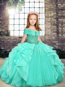 Amazing Apple Green Ball Gowns Straps Sleeveless Organza Floor Length Lace Up Beading Pageant Gowns For Girls