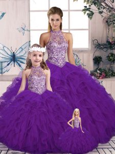  Purple Lace Up Sweet 16 Dress Beading and Ruffles Sleeveless Floor Length