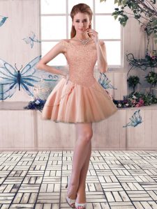 Super Sleeveless Mini Length Beading Lace Up Dress for Prom with Peach