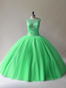 Custom Designed Tulle Scoop Sleeveless Lace Up Beading 15th Birthday Dress in Green
