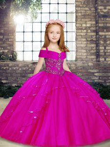Gorgeous Fuchsia Sleeveless Beading Floor Length Little Girls Pageant Dress