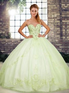 Beautiful Floor Length Lace Up 15th Birthday Dress Yellow Green for Military Ball and Sweet 16 and Quinceanera with Beading and Embroidery