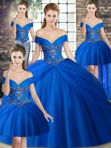 Pretty Royal Blue Sweet 16 Quinceanera Dress Off The Shoulder Sleeveless Brush Train Lace Up