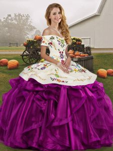 Designer Off The Shoulder Sleeveless Sweet 16 Quinceanera Dress Floor Length Embroidery and Ruffles White And Purple Organza