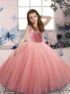  Watermelon Red Tulle Lace Up Little Girls Pageant Dress Wholesale Sleeveless Floor Length Beading