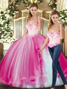 Elegant Fuchsia Sleeveless Floor Length Beading Lace Up Sweet 16 Dress