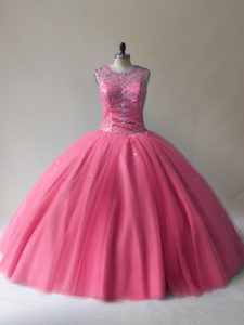  Sleeveless Tulle Floor Length Lace Up Sweet 16 Dresses in Rose Pink with Beading