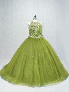 Graceful Olive Green Tulle Lace Up Scoop Sleeveless Vestidos de Quinceanera Brush Train Beading