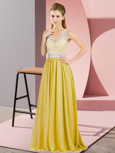 Pretty Gold Chiffon Criss Cross V-neck Sleeveless Floor Length Prom Dress Beading and Lace