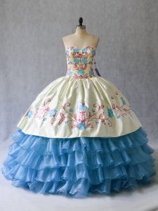 Luxury Sweetheart Sleeveless 15th Birthday Dress Floor Length Embroidery and Ruffled Layers Blue And White Satin and Organza