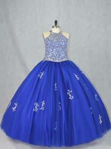  Blue Halter Top Lace Up Beading Ball Gown Prom Dress Sleeveless