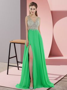  Green Dress for Prom V-neck Sleeveless Sweep Train Zipper