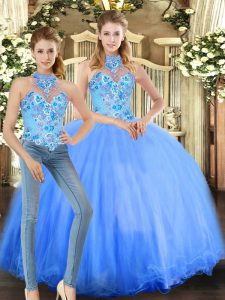 Graceful Tulle Halter Top Sleeveless Lace Up Embroidery 15 Quinceanera Dress in Blue