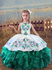  Turquoise Ball Gowns Organza Scoop Sleeveless Embroidery and Ruffles Floor Length Lace Up Pageant Gowns For Girls