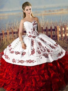  Floor Length White And Red Quinceanera Dress Organza Sleeveless Embroidery and Ruffles