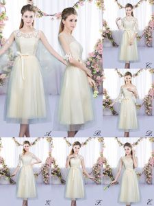 Lovely Champagne Tulle Lace Up Scoop Sleeveless Tea Length Quinceanera Dama Dress Lace and Belt