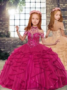 Enchanting Fuchsia Pageant Gowns For Girls Party and Wedding Party with Beading and Ruffles Sleeveless Lace Up