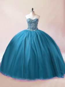 Stylish Teal Tulle Lace Up Sweetheart Sleeveless Floor Length Quinceanera Gown Beading