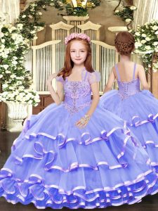  Lavender Tulle Lace Up Straps Sleeveless Floor Length Little Girls Pageant Gowns Beading and Ruffled Layers