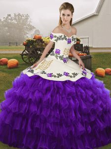 Elegant Off The Shoulder Sleeveless Lace Up Sweet 16 Dress White And Purple Organza
